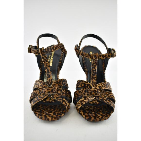 Saint Laurent YSL Tribute Black Brown Leopard Pony T Strap Sandal Heel Pump 39.5 - Picture 5 of 12